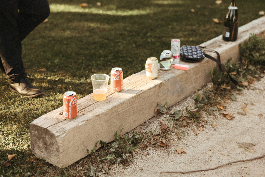 Drinks displayed outdoors during wedding reception