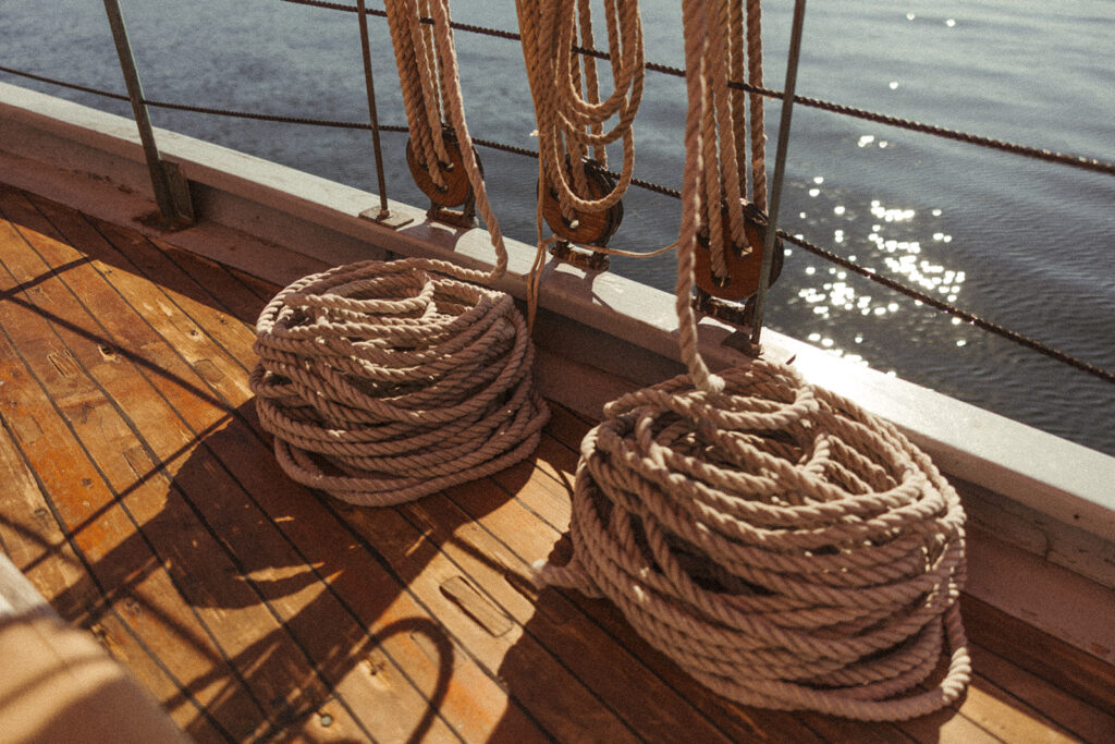 Nautical rope details on a sailboat during a Door County wedding