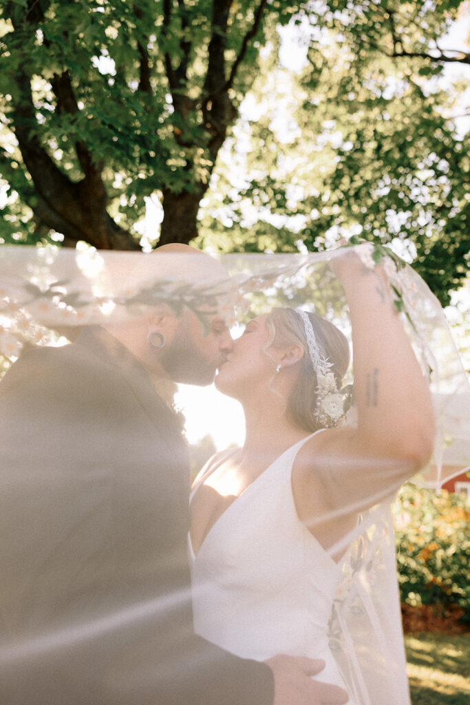 Close-up of the bride's wedding veil during a Door County wedding day