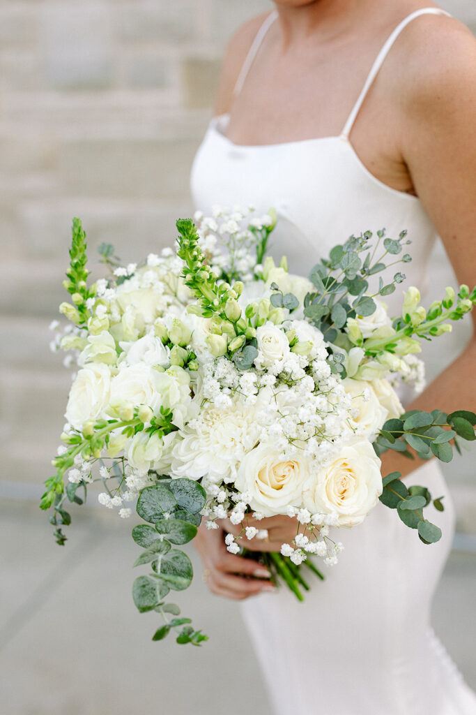 Bride holding w white floral bouquet during a Door County wedding day