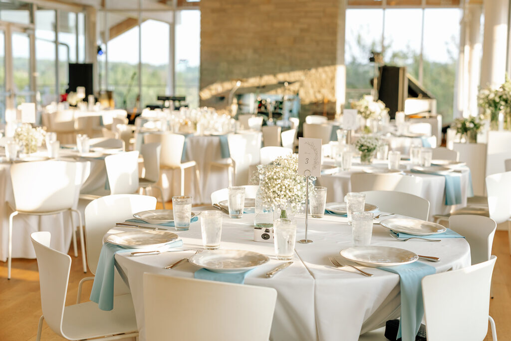 Wedding reception tables set up at the Kress Pavilion in Door County