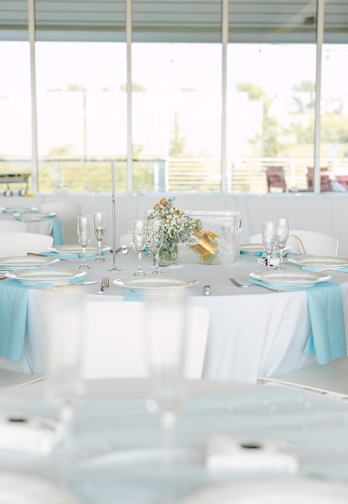 Wedding reception tables set up at the Kress Pavilion in Door County
